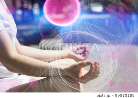 Human hands and quantum physics - lines, balls and triangles in blue and pink shades. Concentration, wish-making, quantum psychology 99810189