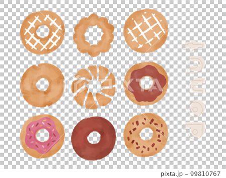 ドーナツのイラスト(オールドファッション、チョコドーナツ、いちごドーナツ)	 99810767