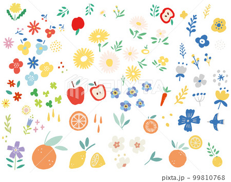 花と果物のイラスト(北欧、りんご、クローバー、柄、オレンジ、レモン) 花と果物のイラスト(北欧、りんご、クローバー、柄、オレンジ、レモン) 99810768