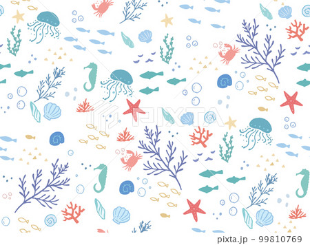 可愛い海のイラスト(魚、クラゲ、南国、バカンス、夏、柄、貝殻、オシャレ) 99810769
