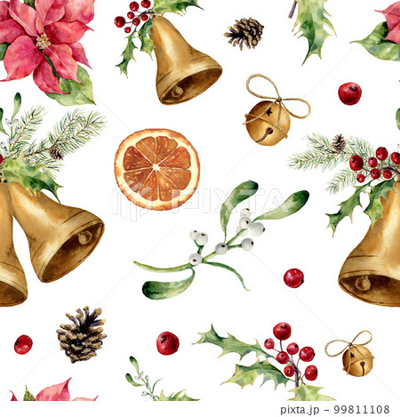Watercolor christmas seamless pattern. New year tree ornament with bell, holly, mistletoe, poinsettia, orange slice, pine cone and bow for design, print or background Watercolor christmas seamless pattern. New year tree ornament with bell, holly, mistletoe, poinsettia, orange slice, pine cone and bow for design, print or background 99811108