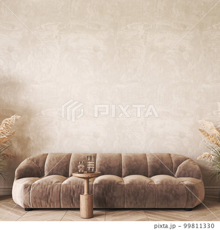 Modern scandinavian style conceptual design interior room. Mock up frame beige plaster wall. Minimal sofa with wooden table and decor. 3d rendering. High quality 3d illustration 99811330