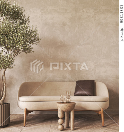 Modern scandinavian style conceptual design interior room. Mock up frame beige plaster wall. Minimal sofa with wooden table and decor. 3d rendering. High quality 3d illustration 99811335