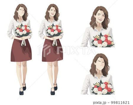 カーネーションの花束を持った外国人女性の全身立ち絵イラスト 99811621