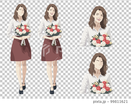カーネーションの花束を持った外国人女性の全身立ち絵イラスト 99811621