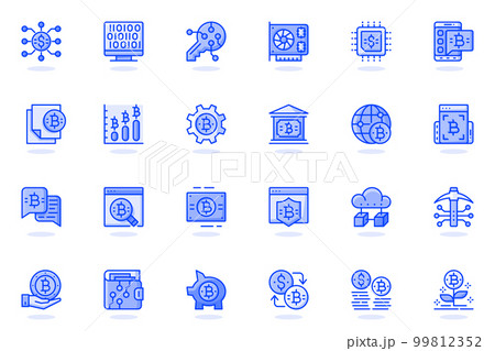 Bitcoin mining web flat line icon. Bundle outline pictogram of coin, gold, digital money, video card, electronic key, blockchain tech concept. Vector illustration of icons pack for website design Bitcoin mining web flat line icon. Bundle outline pictogram of coin, gold, digital money, video card, electronic key, blockchain tech concept. Vector illustration of icons pack for website design 99812352