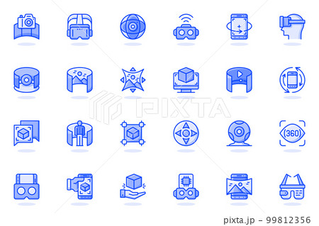 Virtual reality web flat line icon. Bundle outline pictogram of VR glasses, virtual simulation, 360 panoramic view, interactive game concept. Vector illustration of icons pack for website design Virtual reality web flat line icon. Bundle outline pictogram of VR glasses, virtual simulation, 360 panoramic view, interactive game concept. Vector illustration of icons pack for website design 99812356