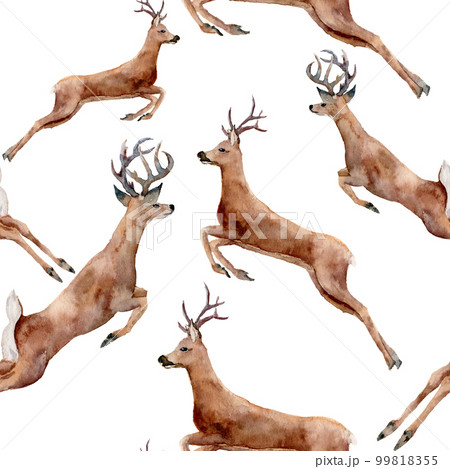Watercolor running deers seamless pattern. Christmas wild animal illustration isolated on white background for design, print or background Watercolor running deers seamless pattern. Christmas wild animal illustration isolated on white background for design, print or background 99818355