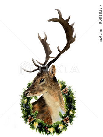 Watercolor deer with christmas wreath isolated on white background. Christmas wild animal illustration for design, print or background Watercolor deer with christmas wreath isolated on white background. Christmas wild animal illustration for design, print or background 99818357