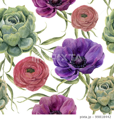 Watercolor floral seamless pattern. Watercolor illustration with eucalyptus leaves, anemone flowers, ranunculus and succulent isolated on white background. For design, textile and background. Watercolor floral seamless pattern. Watercolor illustration with eucalyptus leaves, anemone flowers, ranunculus and succulent isolated on white background. For design, textile and background. 99818442
