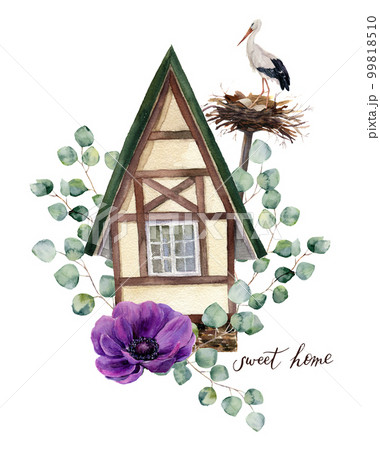 Watercolor happy home label. Watercolor house in Alpine style with white stork and nest, eucalyptus silver dollar and anemone flower on white background. Hand painted print. For design and background. 99818510