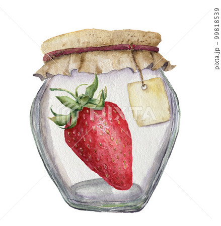 Watercolor glass jar for jam with label for an inscription and strawberry. Illustration isolated on white background. For design, textile and background. Watercolor glass jar for jam with label for an inscription and strawberry. Illustration isolated on white background. For design, textile and background. 99818539