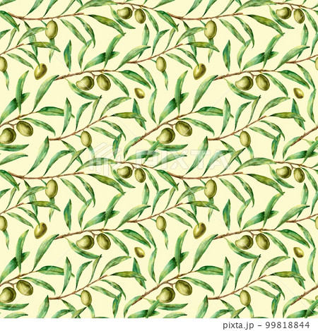 Watercolor seamless pattern with olive branches. Hand painted floral ornament with olive berry and tree branches with leaves. For design, print and fabric Watercolor seamless pattern with olive branches. Hand painted floral ornament with olive berry and tree branches with leaves. For design, print and fabric 99818844