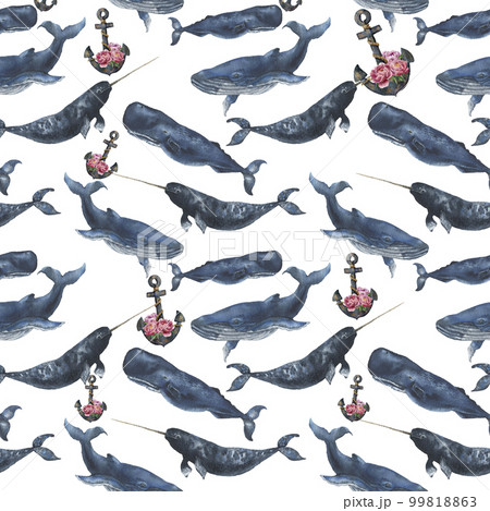 Watercolor seamless pattern with whales and anchor with peony flowers. Illustration with blue whales, cachalot and narwhal isolated on white background. For design, prints or background 99818863