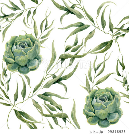 Watercolor succulents and eucalyptus leaves seamless pattern on white background. Floral texture for design, textile and background. 99818923