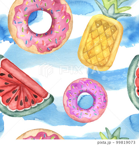 Watercolor seamless pattern with pool floats. Hand painted air toy and water isolated on white background. Donut, pineapple and watermelon toys. Vacation illustration. For design, print or background. 99819073