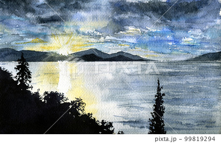 Sunrise in Greece. Watercolor illustration for background or design 99819294