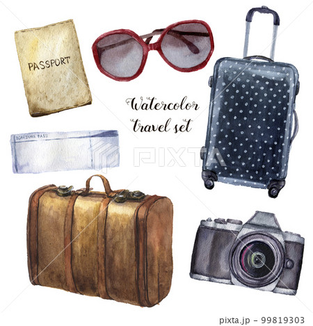 Watercolor travel set. Hand painted tourist objects set including passport, ticket, leather vintage suitcase, polka dot baggage, camera and sunglasses isolated on white background. For design. Watercolor travel set. Hand painted tourist objects set including passport, ticket, leather vintage suitcase, polka dot baggage, camera and sunglasses isolated on white background. For design. 99819303