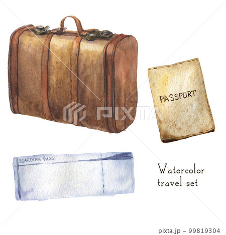 Watercolor travel set including passport, ticket, vintage leather set. Hand painted illustration isolated on white background. For design, textile and background. Watercolor travel set including passport, ticket, vintage leather set. Hand painted illustration isolated on white background. For design, textile and background. 99819304