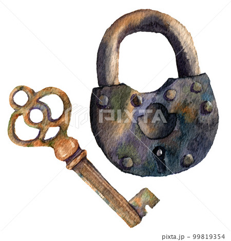 Watercolor retro key and padlock. Hand painted vintage illustration isolated on white background. For design, prints or background Watercolor retro key and padlock. Hand painted vintage illustration isolated on white background. For design, prints or background 99819354