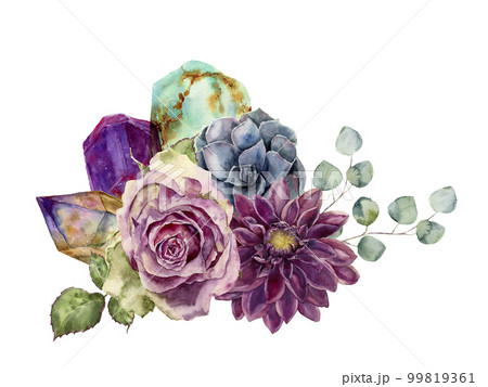 Watercolor bouquet of flowers, succulents, eucalyptus and gem stones. Hand drawn composition isolated on white background. Minerals and plants design Watercolor bouquet of flowers, succulents, eucalyptus and gem stones. Hand drawn composition isolated on white background. Minerals and plants design 99819361