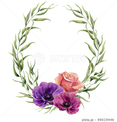 Watercolor floral wreath with eucalypts leaves, rose and anemones. Hand painted floral border with branches, leaves and flowers isolated on white background. For design or background 99819446