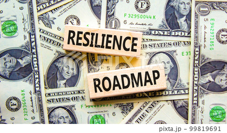 Resilience roadmap symbol. Concept word Resilience roadmap typed on wooden blocks. Beautiful background from dollar bills. Business and resilience roadmap concept. Copy space. Resilience roadmap symbol. Concept word Resilience roadmap typed on wooden blocks. Beautiful background from dollar bills. Business and resilience roadmap concept. Copy space. 99819691