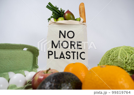 Reusable fabric shopping bag with text no more plastic, eco concept. 99819764