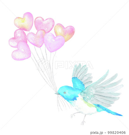 ハートの風船の束を持つ青い小鳥の水彩イラスト 99820406