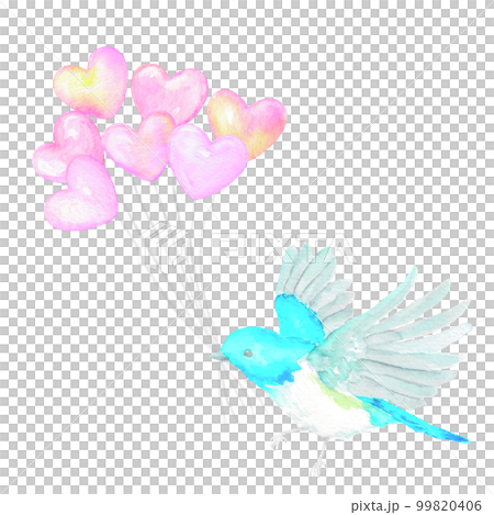ハートの風船の束を持つ青い小鳥の水彩イラスト 99820406