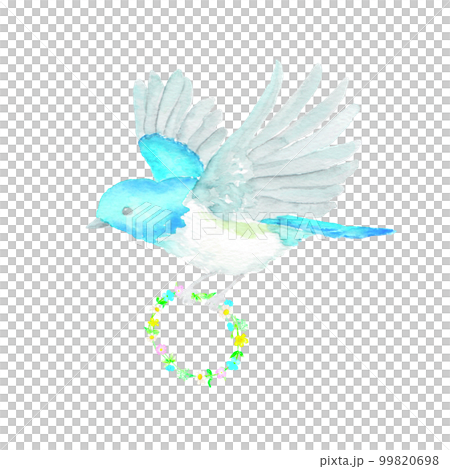 一隻小藍鳥帶著野花花環飛翔的水彩插圖 99820698