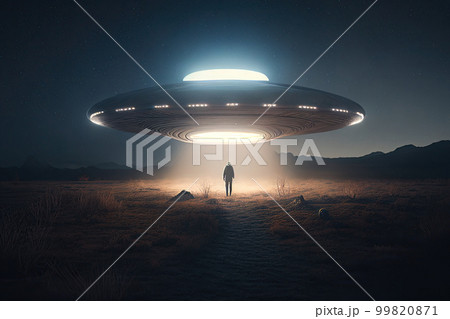 Flying saucer flies at night in sky over silhouette of man standing in field. Invasion of extraterrestrial intelligence on an intergalactic ship. Alien abduction. Created with Generative AI 99820871