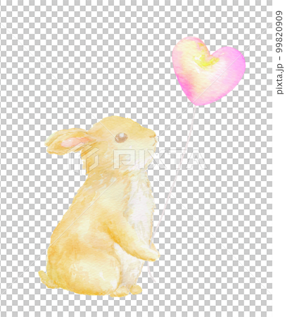 Watercolor illustration of a baby rabbit with a heart balloon 99820909