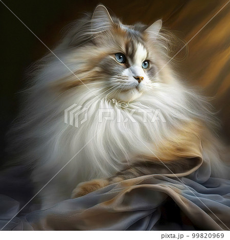 A Serene Long-haired Fluffy Cat with Blue Eyes Sits Gracefully on a Cozy Blanket 99820969