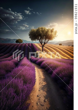 Purple lavender field in Provence at sunset. Lavender. Stunning summer landscape in Provence, France with blooming violet fields Purple lavender field in Provence at sunset. Lavender. Stunning summer landscape in Provence, France with blooming violet fields 99821931