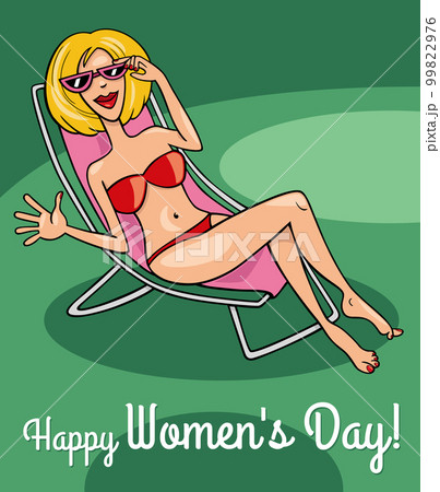 Women's Day design with cartoon woman on beach chair 99822976