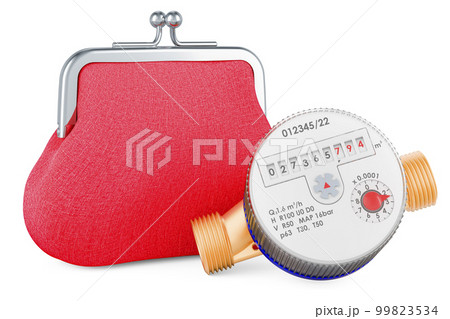 Water meter with purse coin. Water consumption, cost of utilities and saving concept. Water meter with purse coin. Water consumption, cost of utilities and saving concept. 99823534