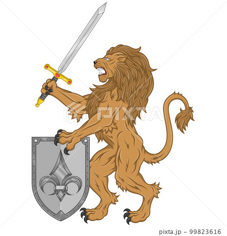 Vector design of lion with sword and shield 99823616