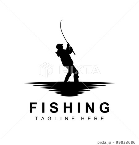 fishing logo icon vector, catch fish on the boat, outdoor sunset silhouette design 99823686