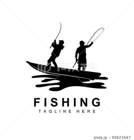 fishing logo icon vector, catch fish on the boat, outdoor sunset silhouette design 99823687
