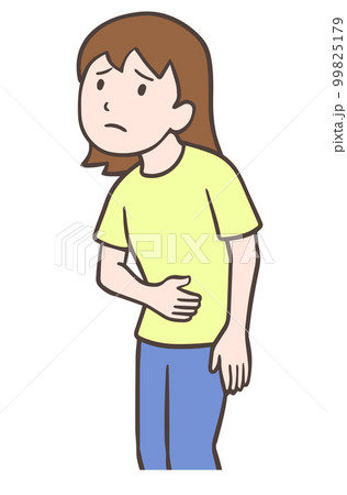 お腹の調子が悪い人、お腹をさする女性 99825179