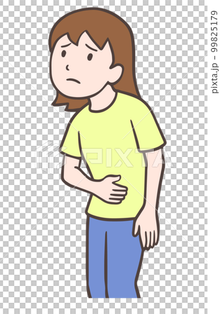 お腹の調子が悪い人、お腹をさする女性 99825179