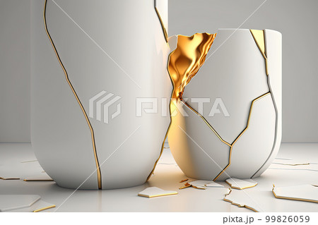 White and gold kintsugi style vase in traditional Japanese art of broken pottery with cracked lines. AI White and gold kintsugi style vase in traditional Japanese art of broken pottery with cracked lines. AI 99826059