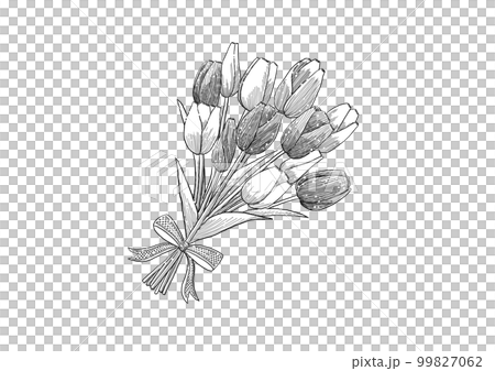 チューリップの花束(ロマンチック)、白黒のイラスト素材 [99827062