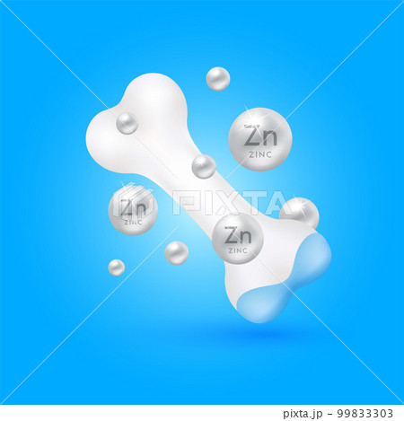 Bone healthy and silver zinc fall to the ground. Cartilage model isolated on blue background. Vitamins minerals care knee joint. Medical concept. Realistic 3D vector 99833303