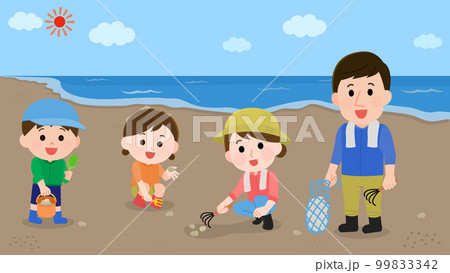 潮干狩りを楽しむ家族　海と砂浜の背景　イラスト 99833342