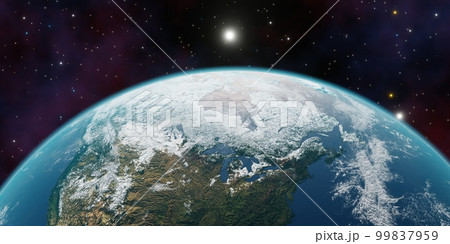 Beautiful 3d earth planet 3d render. Concept of climate change, dark night, cities lights, sunrise. World planet satellite, Stars, nebula and galaxy. Sunrise from outer space 99837959