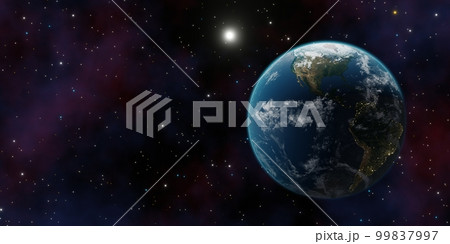 Beautiful 3d earth planet 3d render. Concept of climate change, dark night, cities lights, sunrise. World planet satellite, Stars, nebula and galaxy 3d render. Sunrise from outer space 99837997
