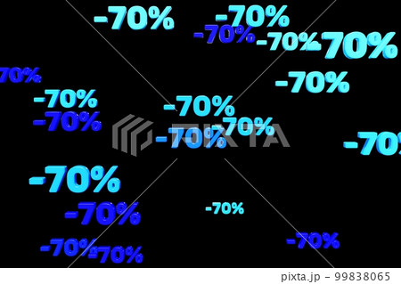 Blue minus seventy percent symbols fall down isolated on black background 3d render. Concept of discounts, sales, seasonal promotions, black friday, singles day and shopping 1111 Blue minus seventy percent symbols fall down isolated on black background 3d render. Concept of discounts, sales, seasonal promotions, black friday, singles day and shopping 1111 99838065