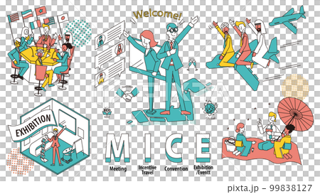 日本で行われるビジネスイベント(MICE)展示会や国際会議、体験を表現したメインビジュアルイラスト 日本で行われるビジネスイベント(MICE)展示会や国際会議、体験を表現したメインビジュアルイラスト 99838127